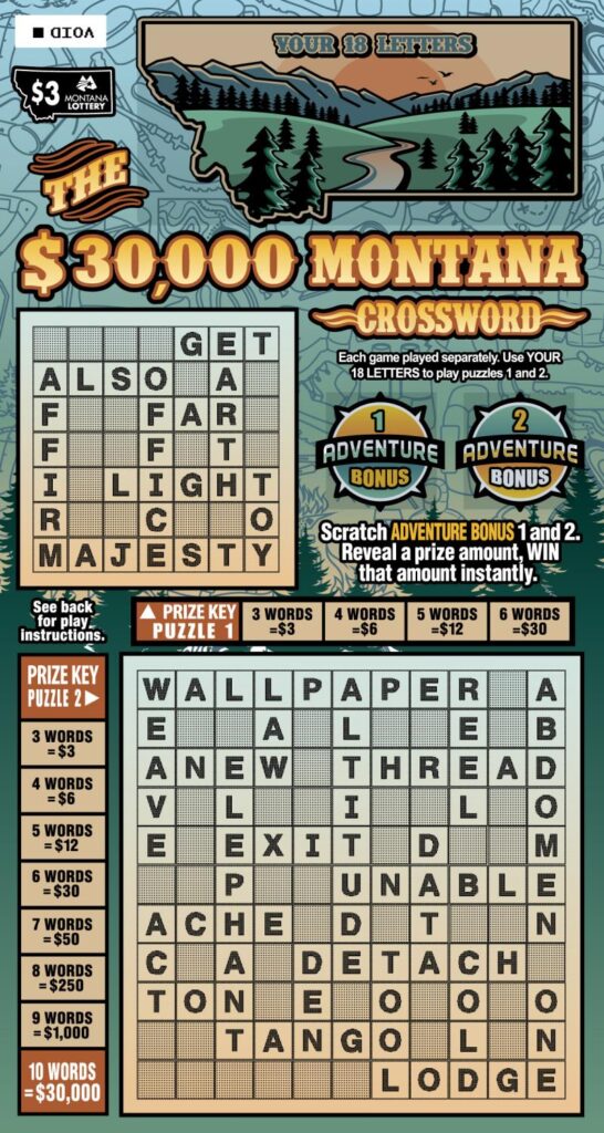 An image depicting the $3 $30,000 Montana Crossword Scratch game.
