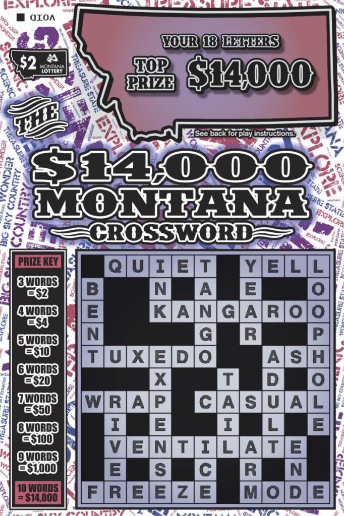 An image depicting the front of the $2 The $14,000 Montana Crossword Scratch game.