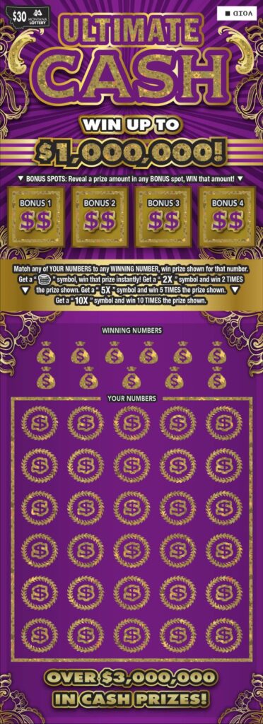 An image depicting the front of the $30 Ultimate Cash Scratch ticket.