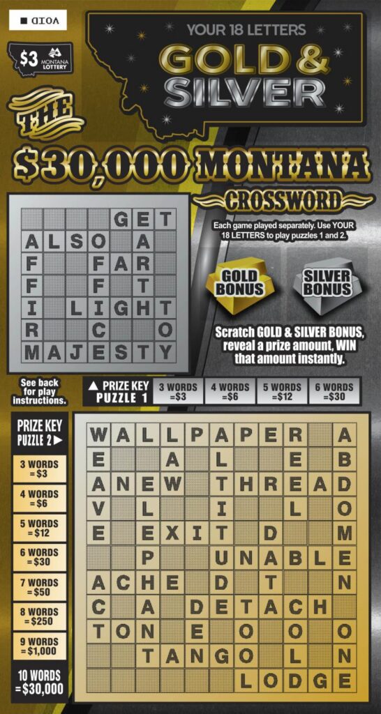 An image depicting the $3 Gold & Silver $30,000 Montana Crossword Scratch game.