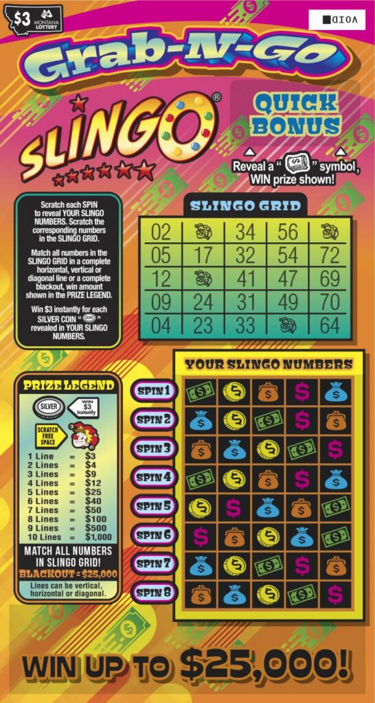 An image depicting the front of the $3 Grab-N-Go-Slingo Scratch game.