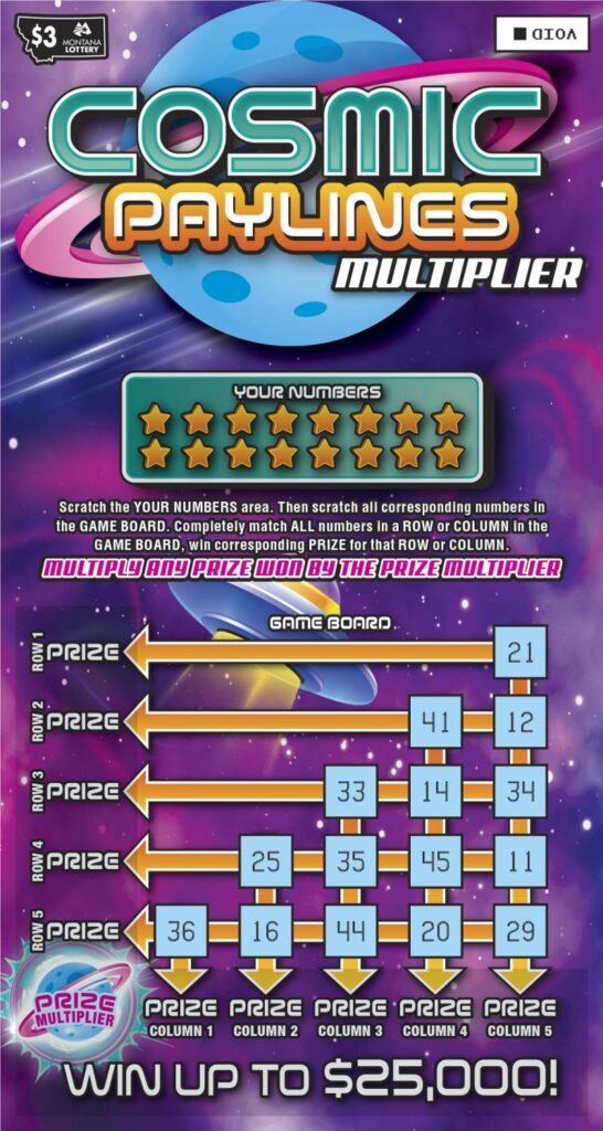 An image depicting the front of the $3 Cosmic Paylines Multiplier Scratch game.