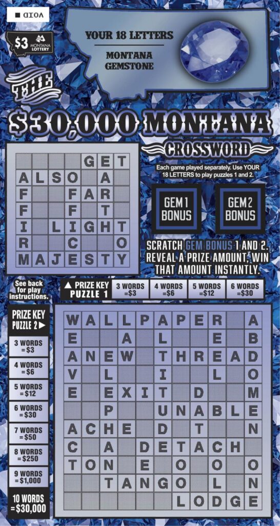 An image depicting the front of the $3 $30,000 Montana Crossword Scratch game.